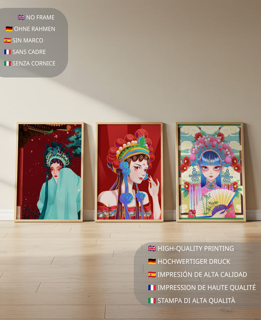 Set De Tres Ilustraciones Coloridas De Mujeres Con Tocados Tradicionales Asiáticos