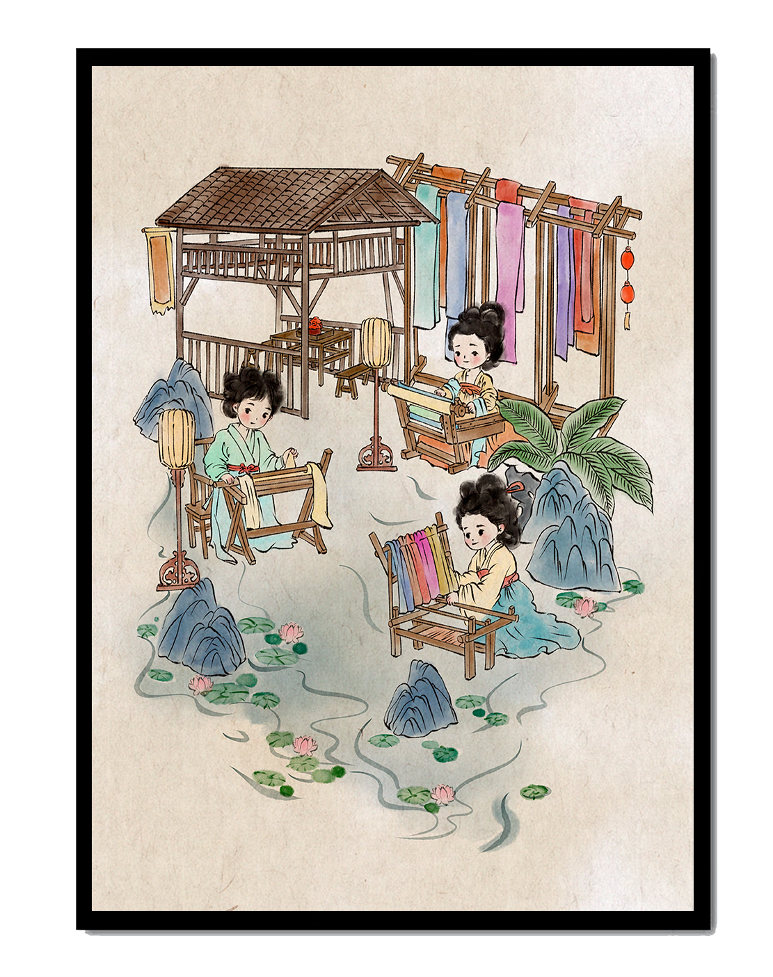 Charming illustration of traditional textile crafts in a serene setting