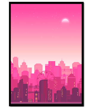Skyline urbano al anochecer con degradado rosa y noria