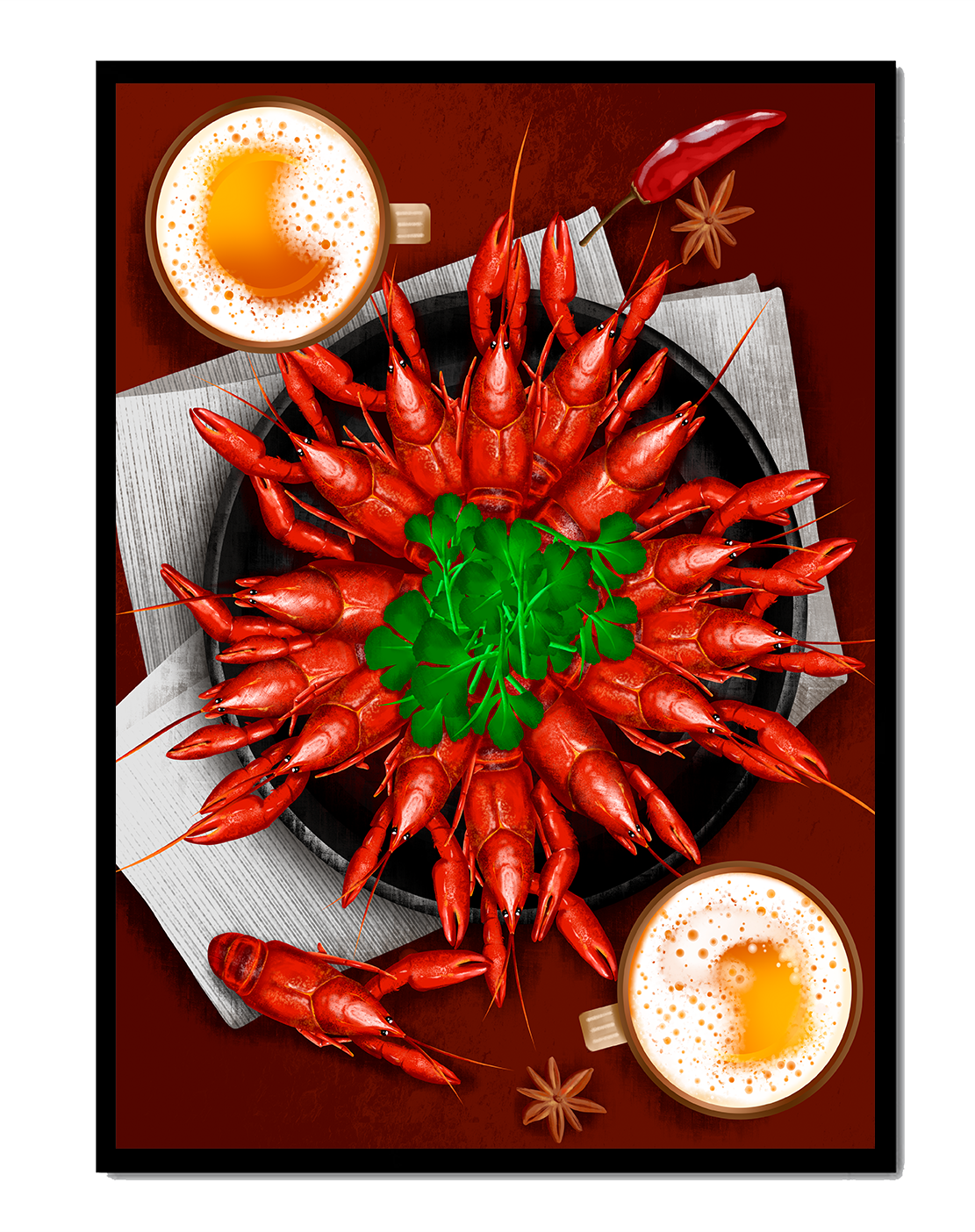 Gourmet seafood platter with crayfish and coffee cups