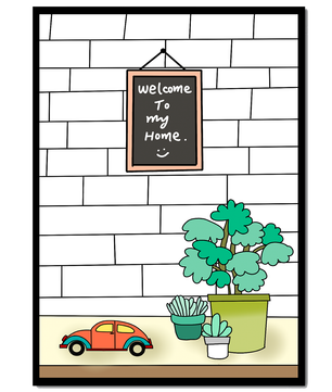 Kreidetafel-Schild mit Topfpflanzen und Spielzeugauto auf Ziegelmauer-Hintergrund