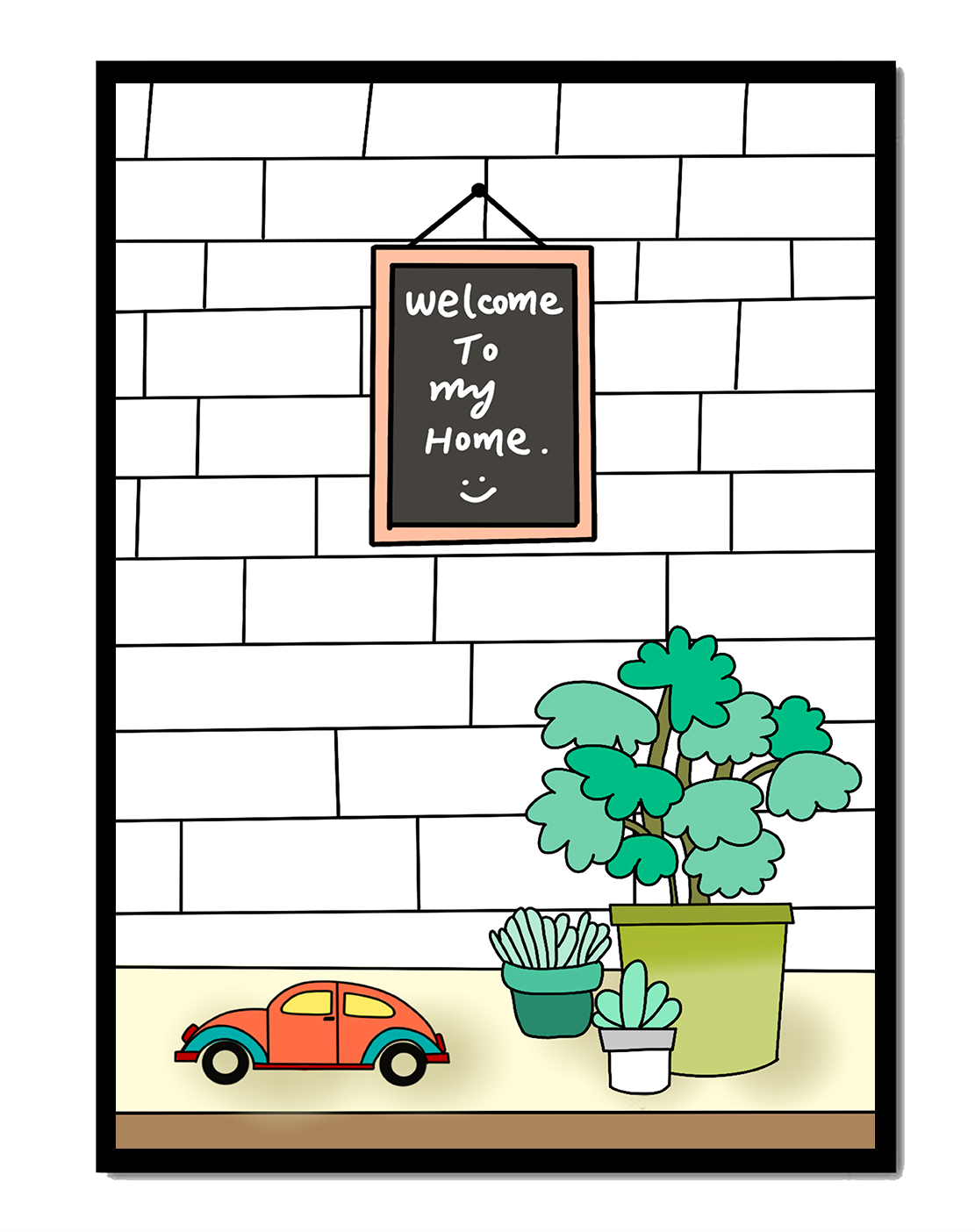 Kreidetafel-Schild mit Topfpflanzen und Spielzeugauto auf Ziegelmauer-Hintergrund