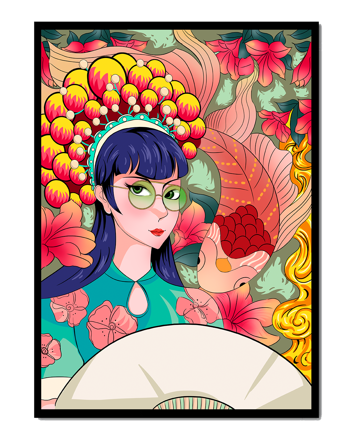 Colorful illustration of a woman with floral headdress and fish background