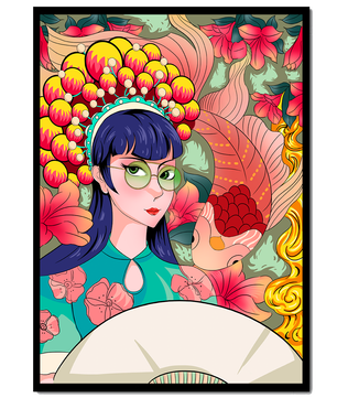 Illustration colorée d’une femme avec une coiffe florale et un fond de poissons