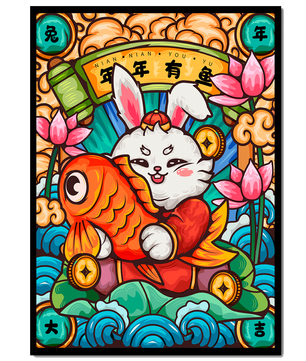 Festive rabbit holding golden fish with lotus flowers and waves in a traditional design