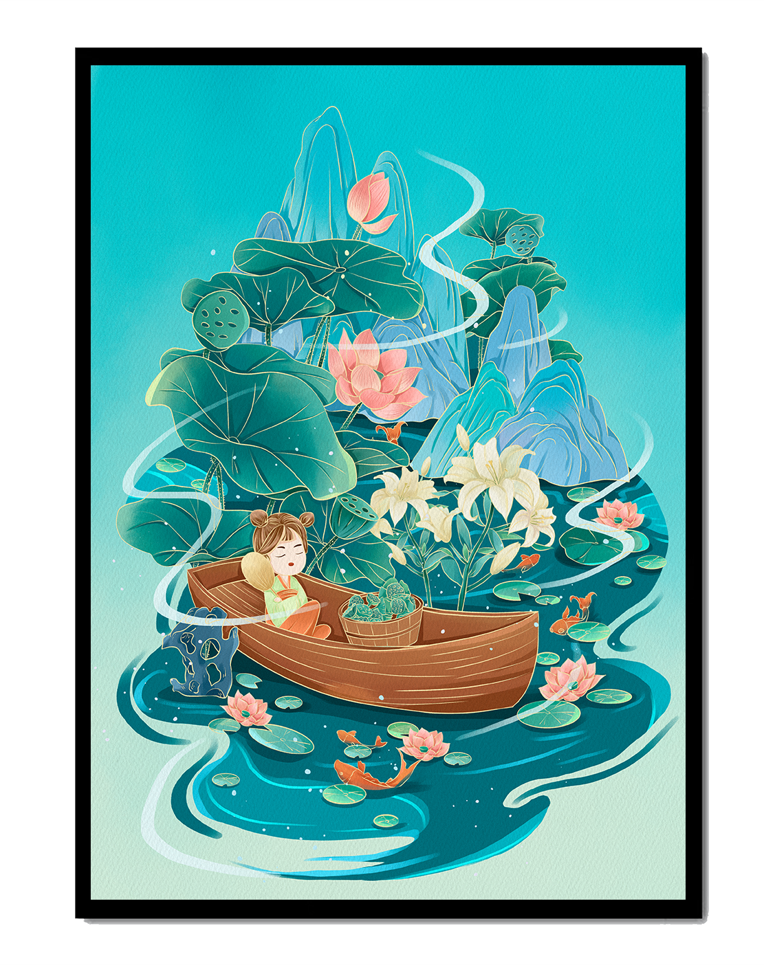 Serene landscape with lotus and boat in a tranquil water scene