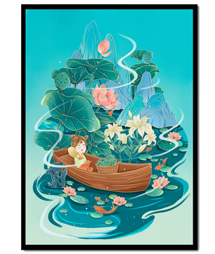 Heitere Landschaft mit Lotus und Boot in einer ruhigen Wasserszene