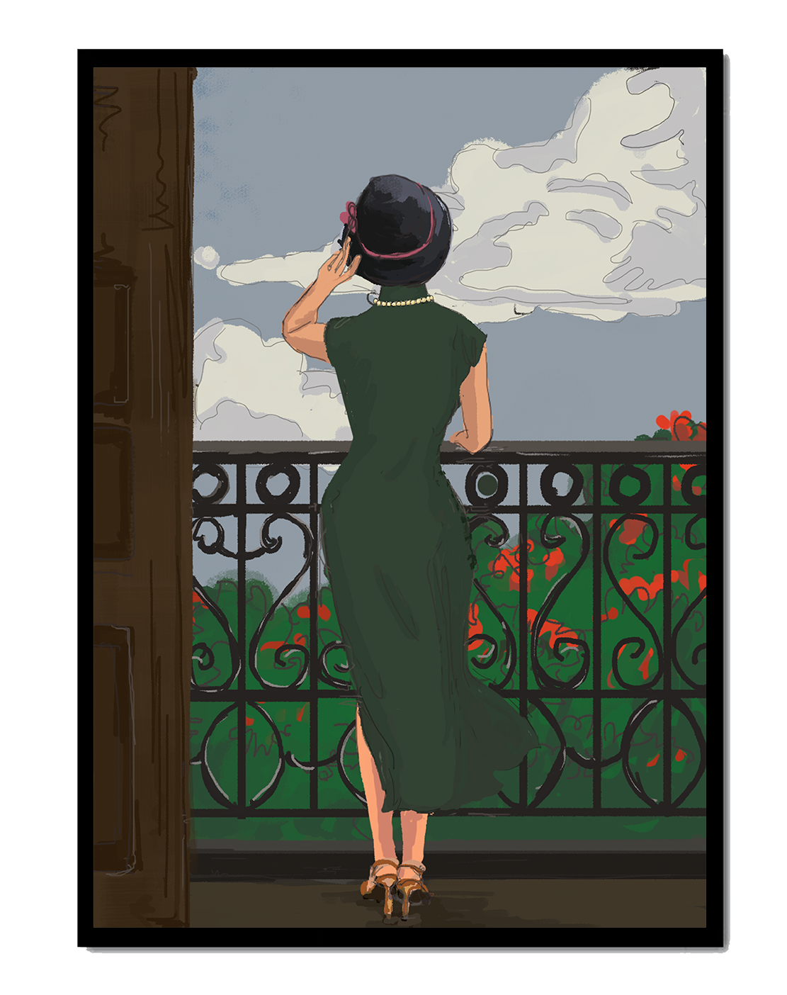 Mujer elegante en un balcón con vista pintoresca y flores rojas