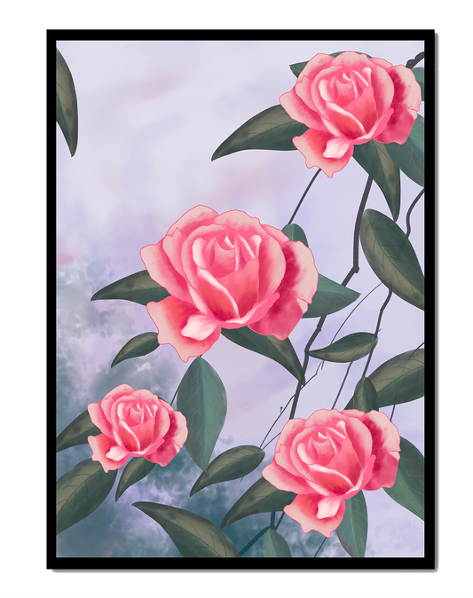 Beautiful pink roses with lush green leaves on soft background