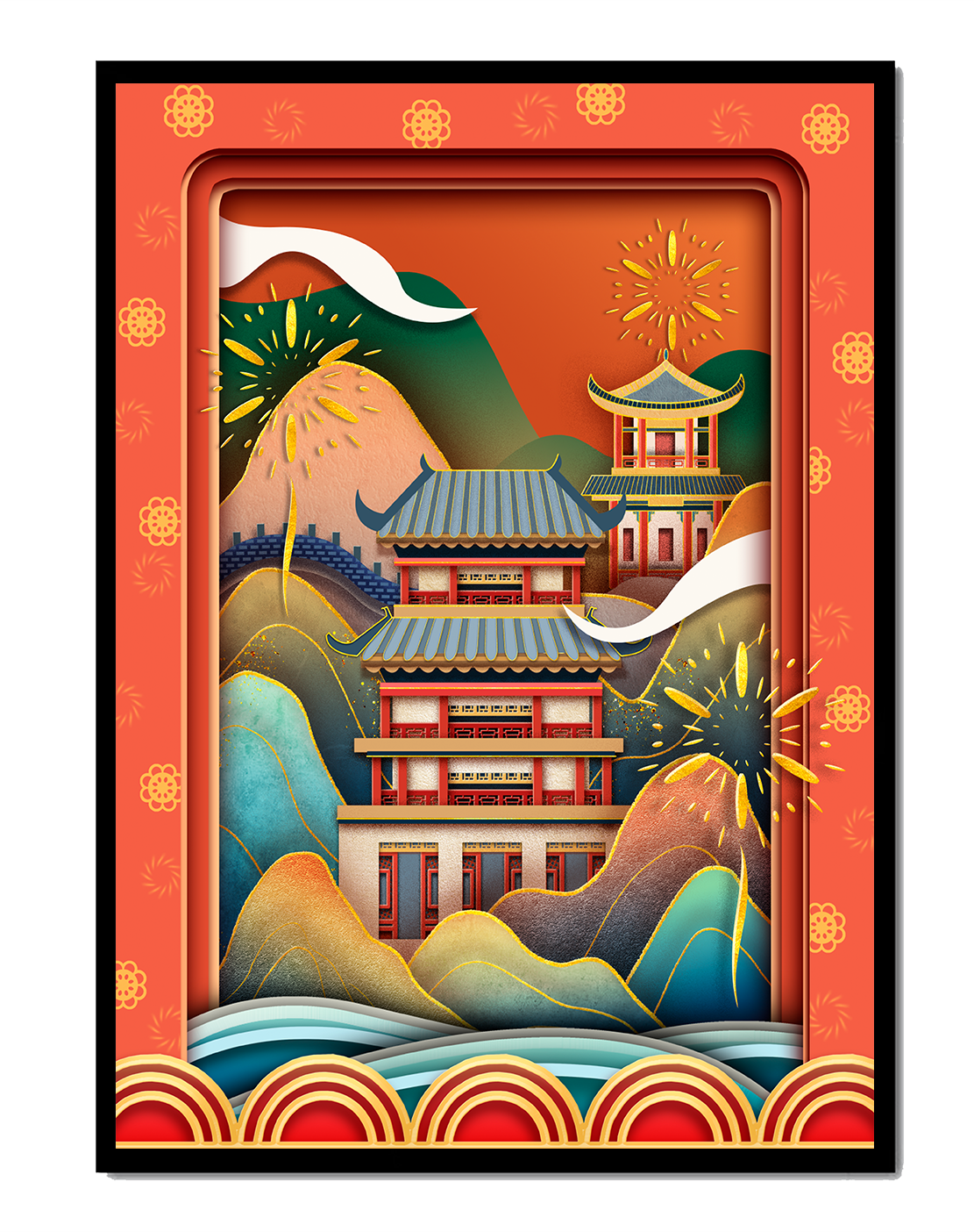 Traditional Asian architecture with fireworks and vibrant mountains