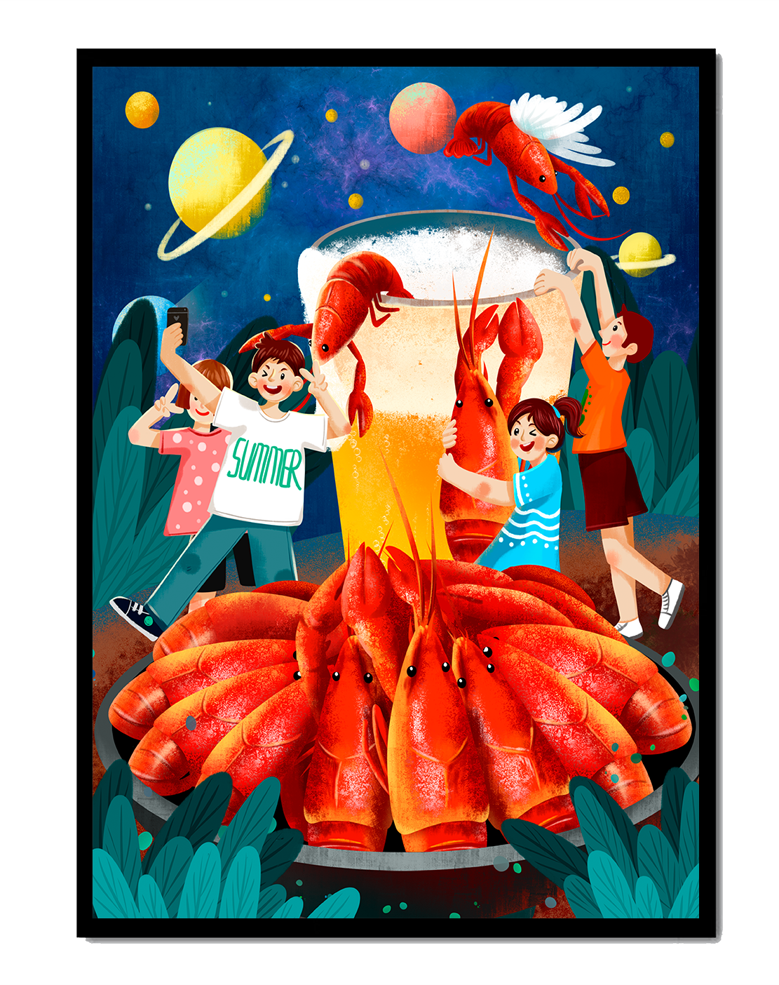Fantasy illustration with cosmic lobsters and friends enjoying a summer feast