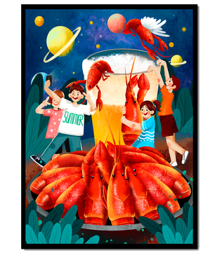 Ilustración de fantasía con langostas cósmicas y amigos disfrutando de un banquete de verano