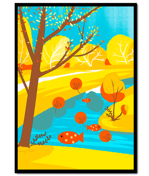 Paysage d'automne coloré avec rivière et arbres vibrants