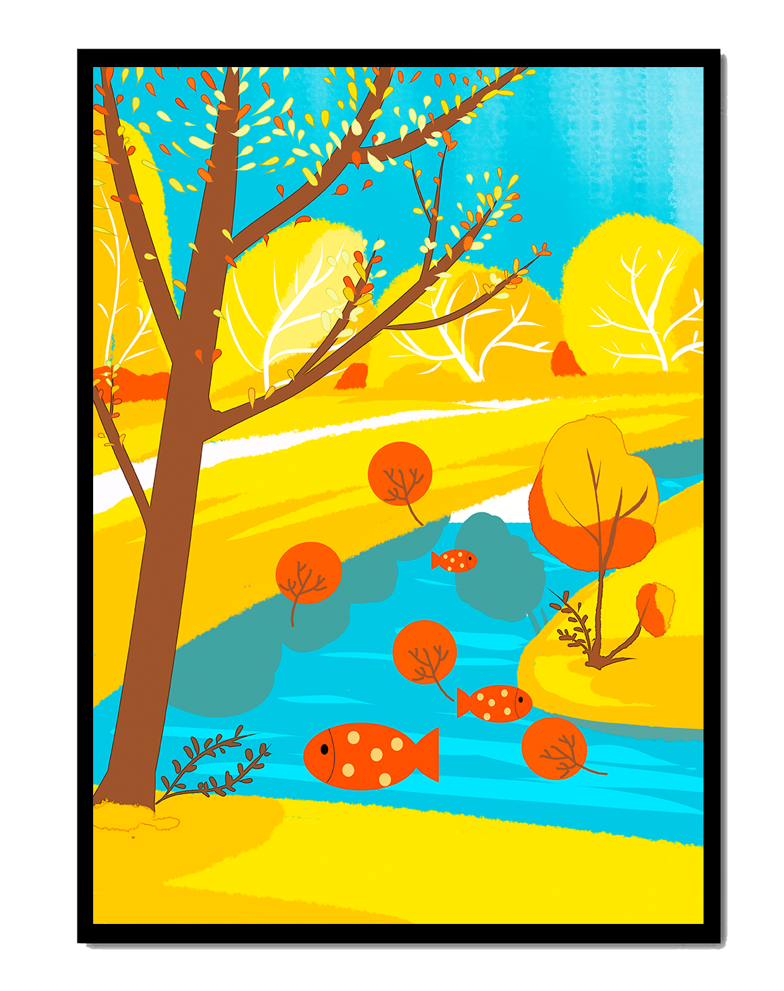 Paysage d'automne coloré avec rivière et arbres vibrants