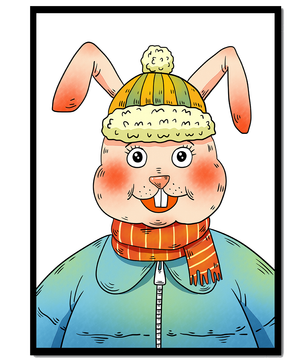 Charmantes Cartoon-Häschen mit Winteroutfit und verspieltem Ausdruck