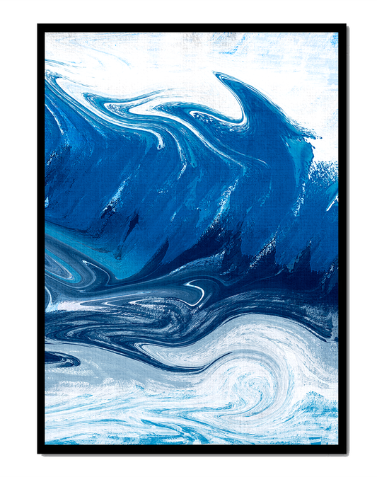 Abstract blue and white ocean wave painting with swirling patterns