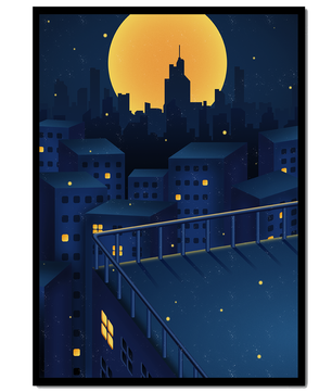 Stadtdach bei Nacht mit beleuchteten Fenstern und Vollmond