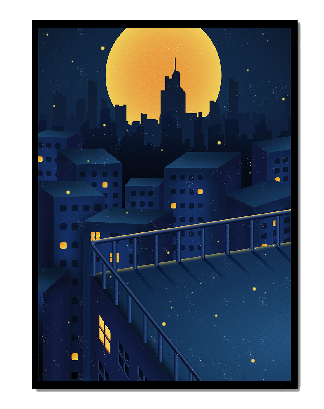 City Rooftop at Night with Illuminated Windows and Full Moon