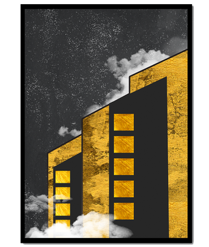 Ilustración arquitectónica artística con elementos dorados y cielo nocturno