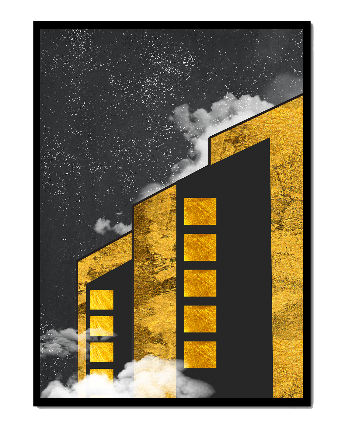 Artistic architectural illustration with golden elements and night sky