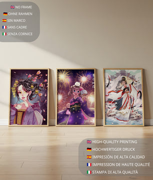Triptyque d’art anime avec estampes de personnages en kimono