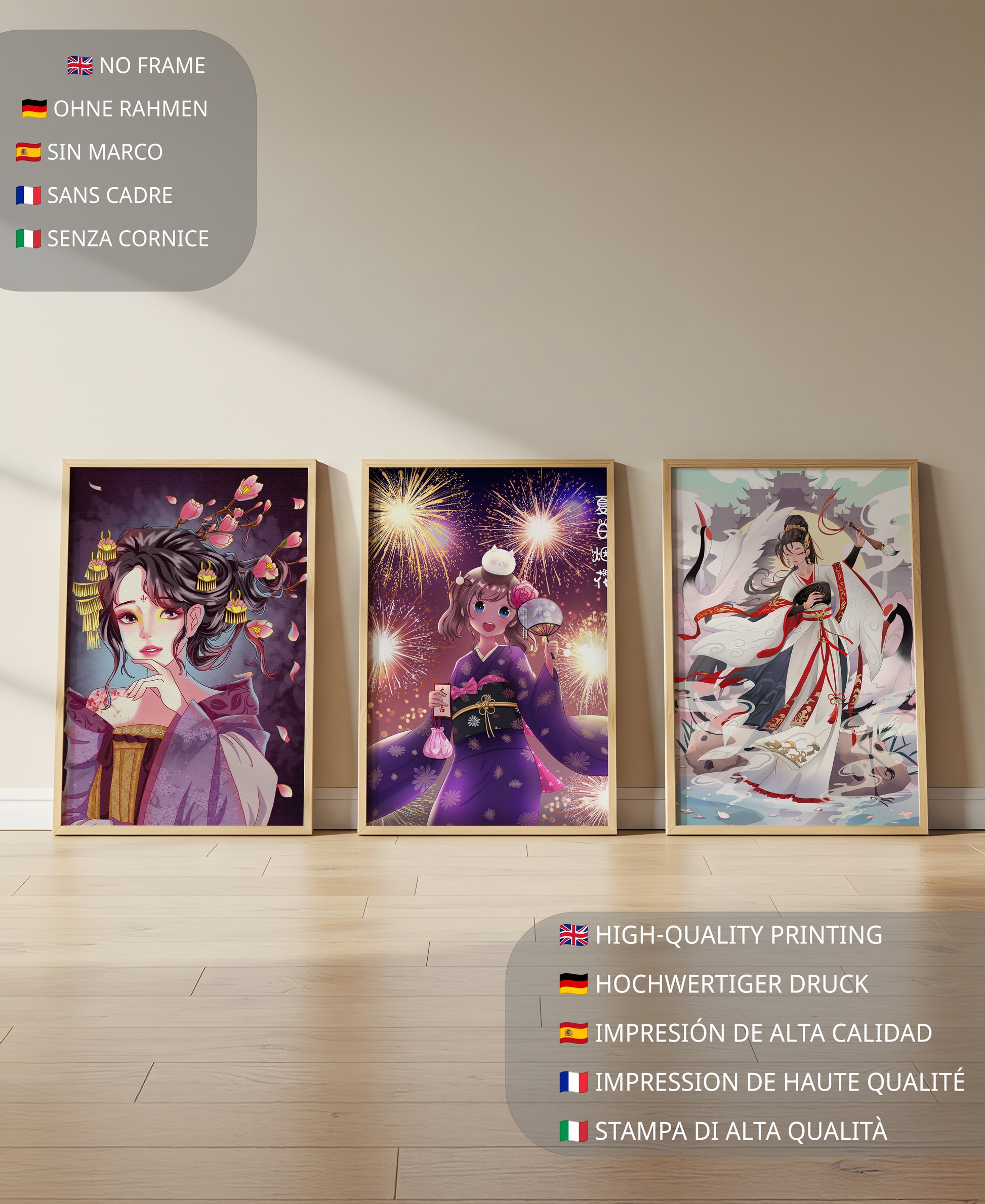 Tríptico de Arte Anime con Estampas de Personajes en Kimono
