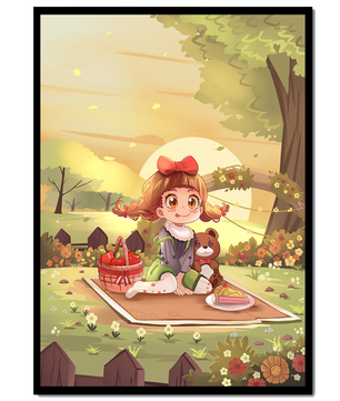 Whimsical picnic scene with a young girl and teddy bear under sunset in vibrant meadow