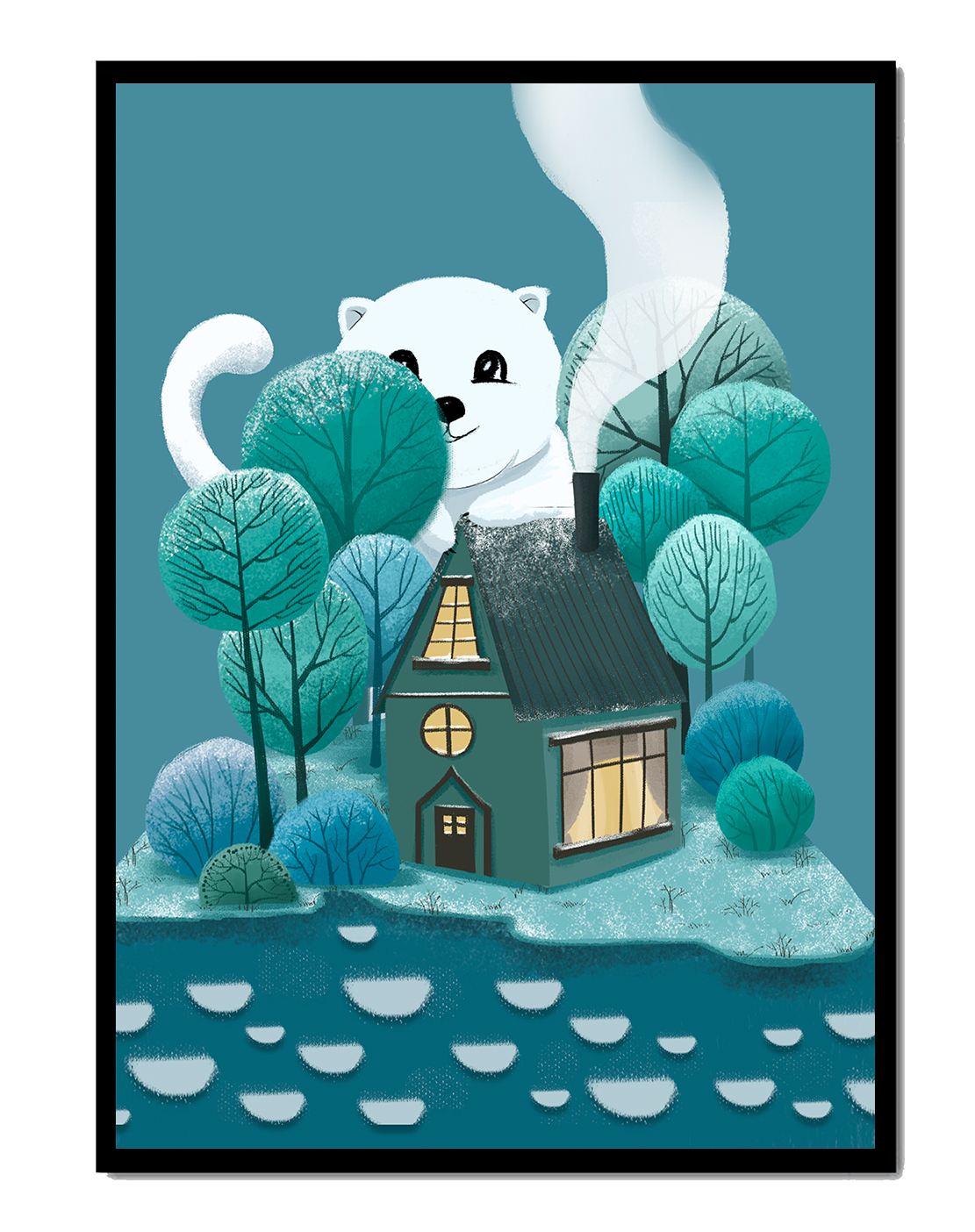 Skurrile Illustration eines gemütlichen Hauses, umgeben von Bäumen und einem freundlichen Wesen