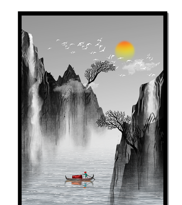 Serene landscape with mountains, river, and a boat under the sun