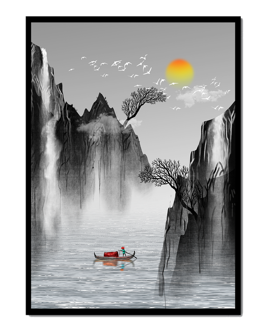 Serene landscape with mountains, river, and a boat under the sun