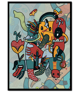 Colorful Abstract Surrealism Art with Intricate Details and Playful Characters