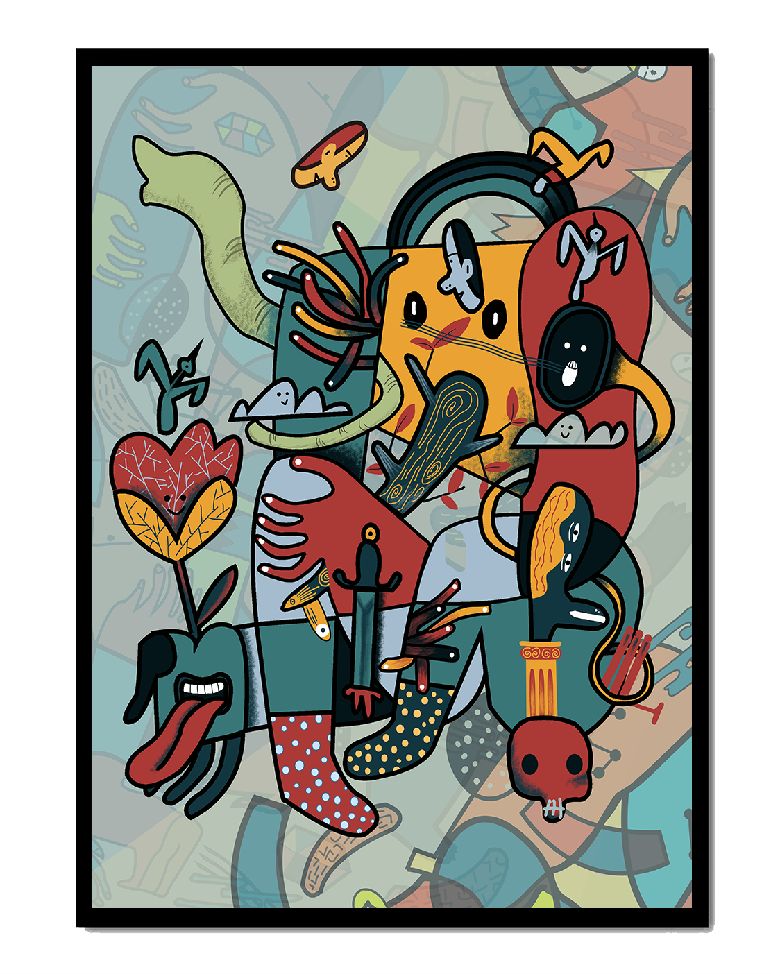 Colorful Abstract Surrealism Art with Intricate Details and Playful Characters