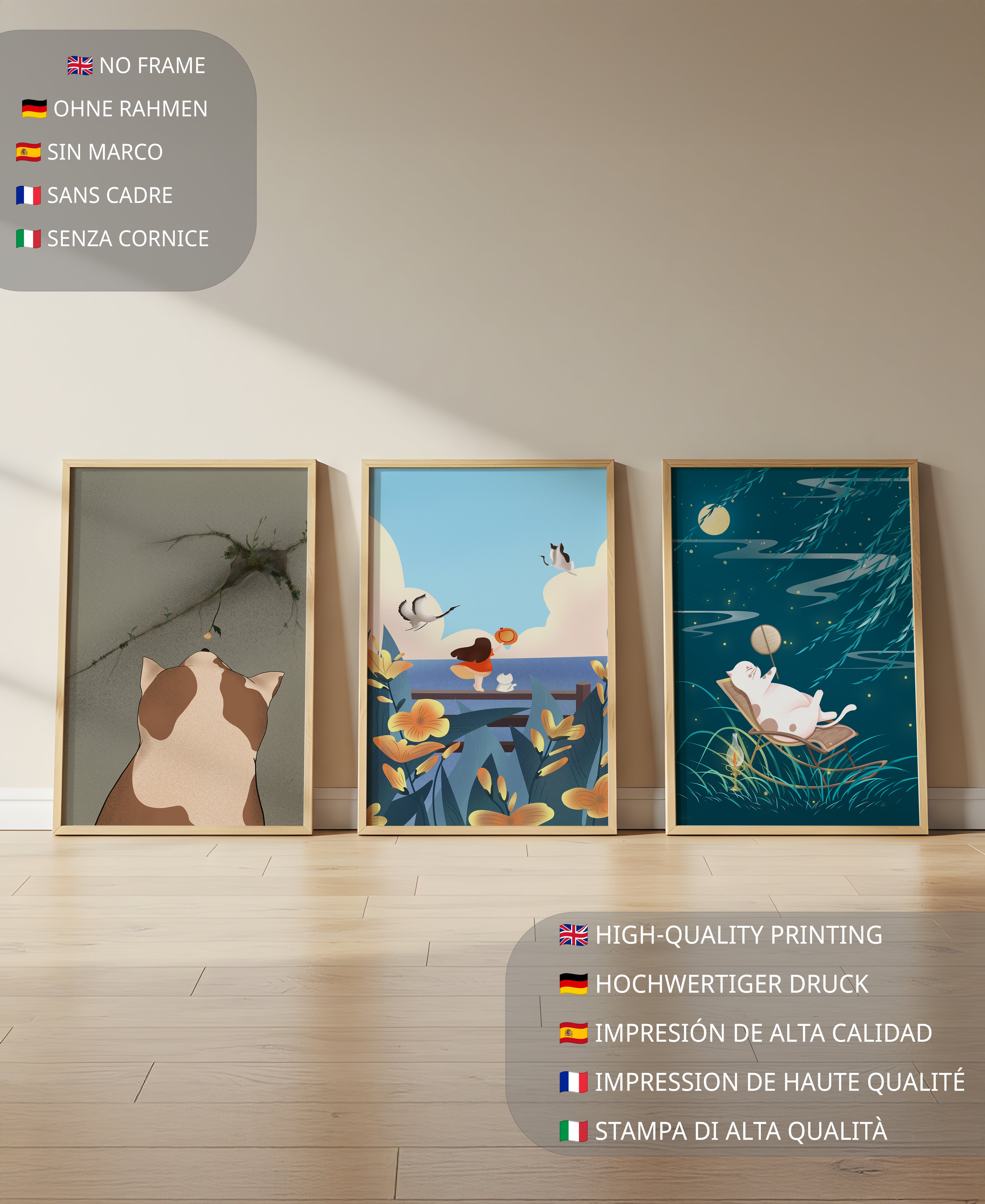 Tríptico de Arte con Animales y Paisajes Ilustrados