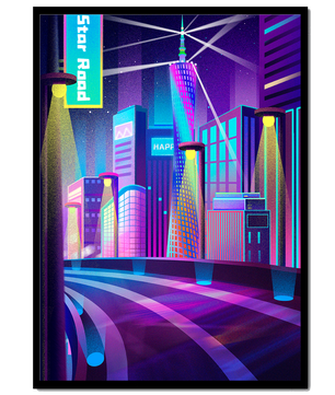 Futuristic Neon Cityscape with Illuminated Skyscrapers and Curved Road