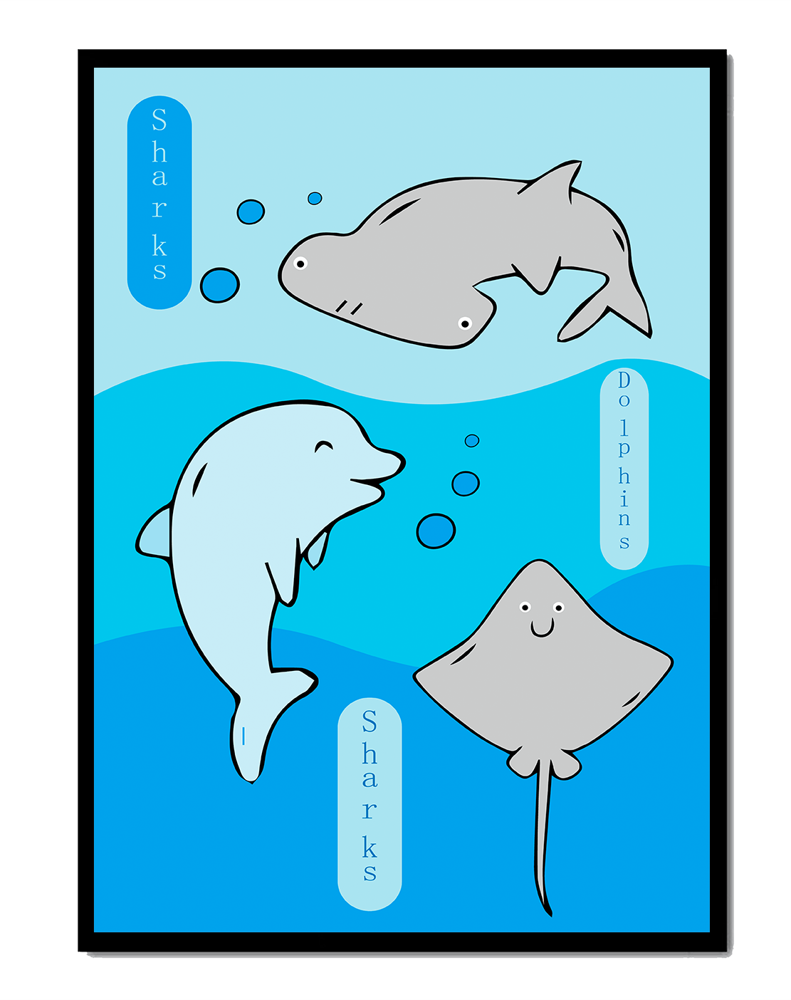 Cartoon sea animals illustration with shark, dolphin, and stingray