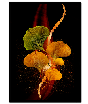 Art abstrait floral avec des feuilles de gingko dorées et un fond sombre