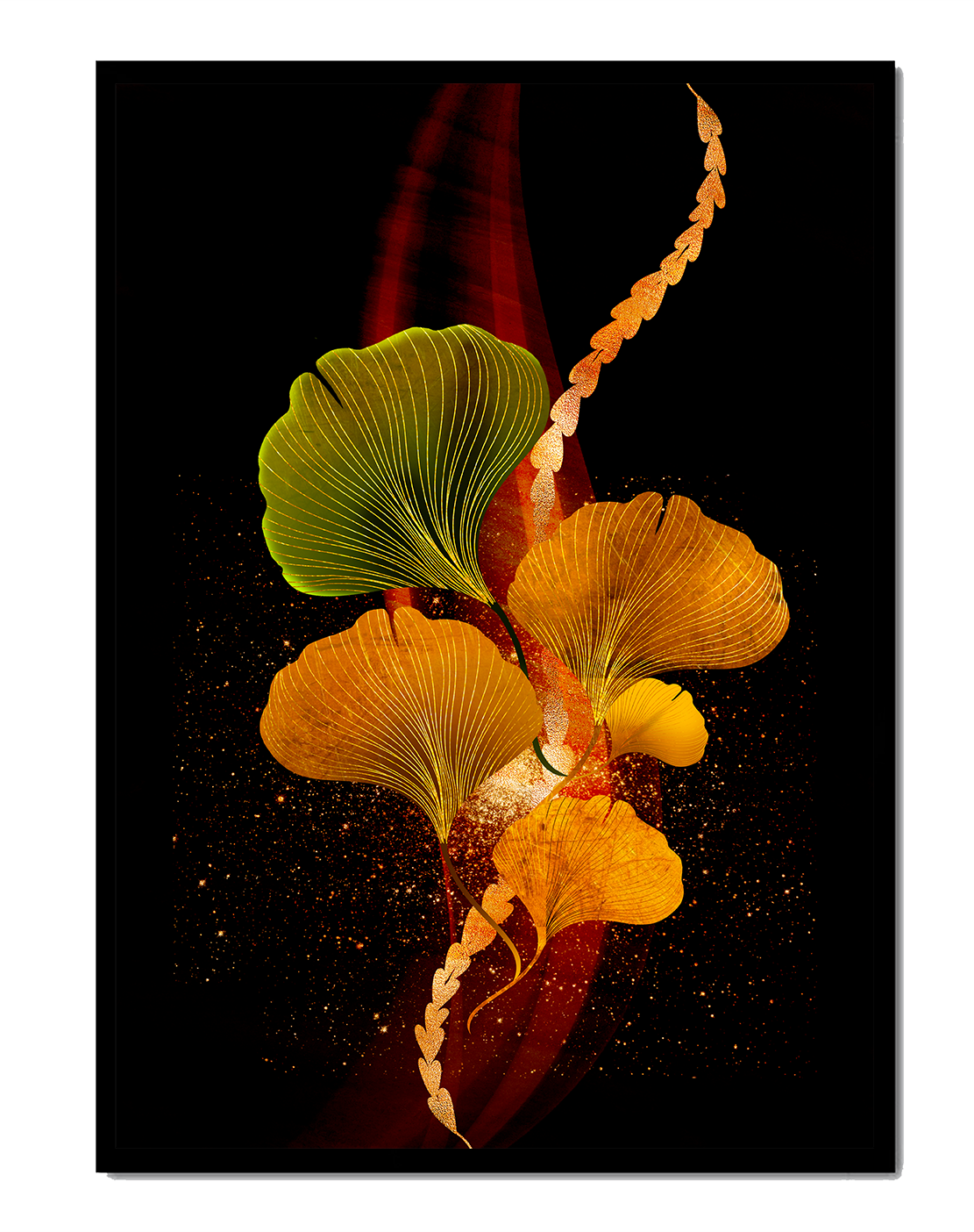 Art abstrait floral avec des feuilles de gingko dorées et un fond sombre