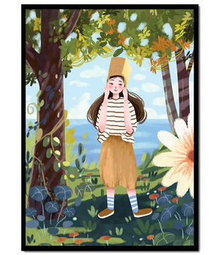 Whimsical Illustration of a Girl in Nature with Golden Hat