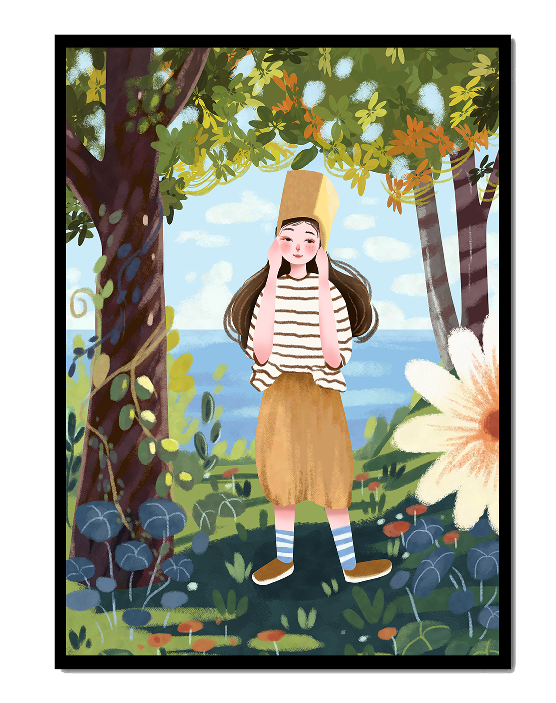 Whimsical Illustration of a Girl in Nature with Golden Hat