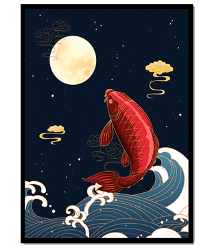 Ilustración artística de peces koi saltando sobre las olas bajo la luz de la luna