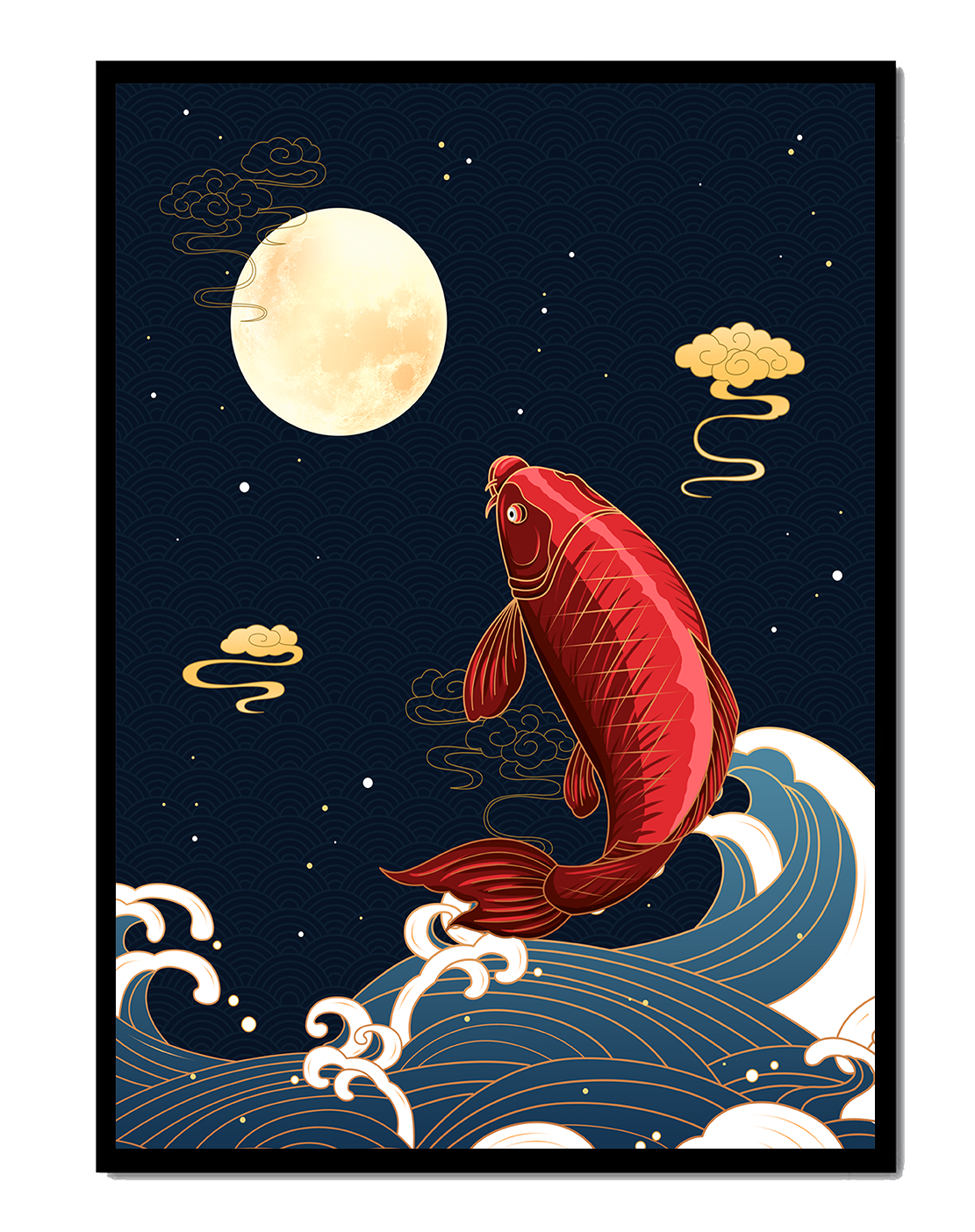 Artistic illustration of koi fish jumping over waves under moonlight