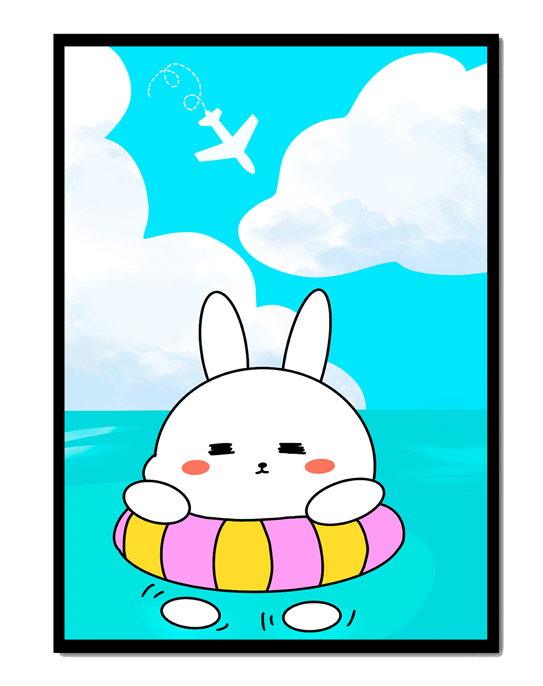 Illustration of a cute bunny floating on a colorful inflatable in a blue ocean under a bright sky with an airplane