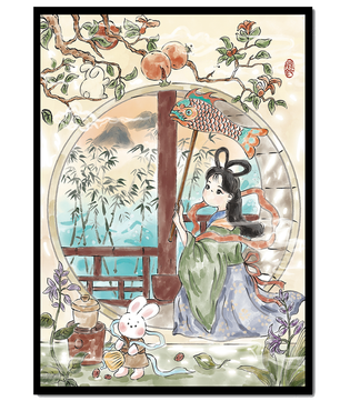Peaceful Garden Scene with Girl and Rabbit