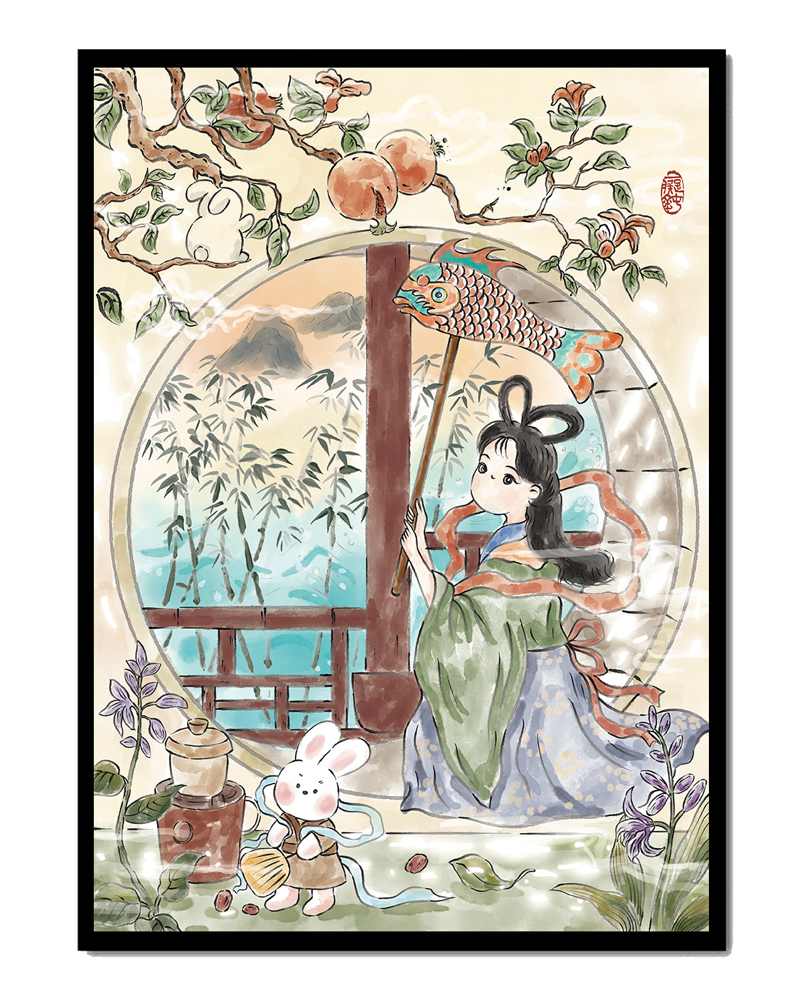 Escena de jardín tranquilo con una niña y un conejo