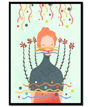 Whimsical Abstract Art of a Woman with Flowers and Streamers - Mi tienda