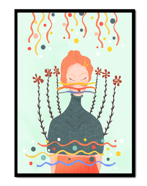 Whimsical Abstract Art of a Woman with Flowers and Streamers - Mi tienda