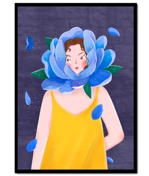 Illustration of woman with blue flower head and yellow dress