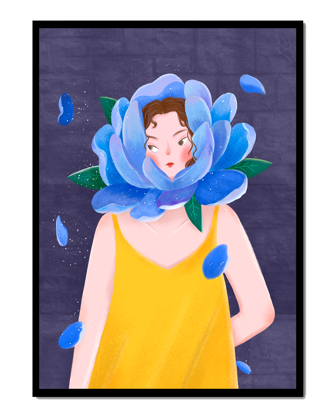 Illustration of woman with blue flower head and yellow dress