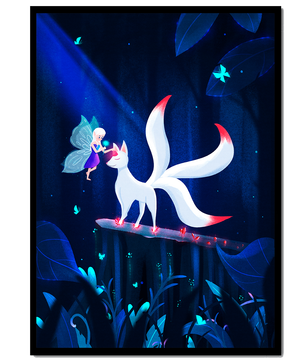 Enchanted forest with fairy and mystical creature under moonlit sky