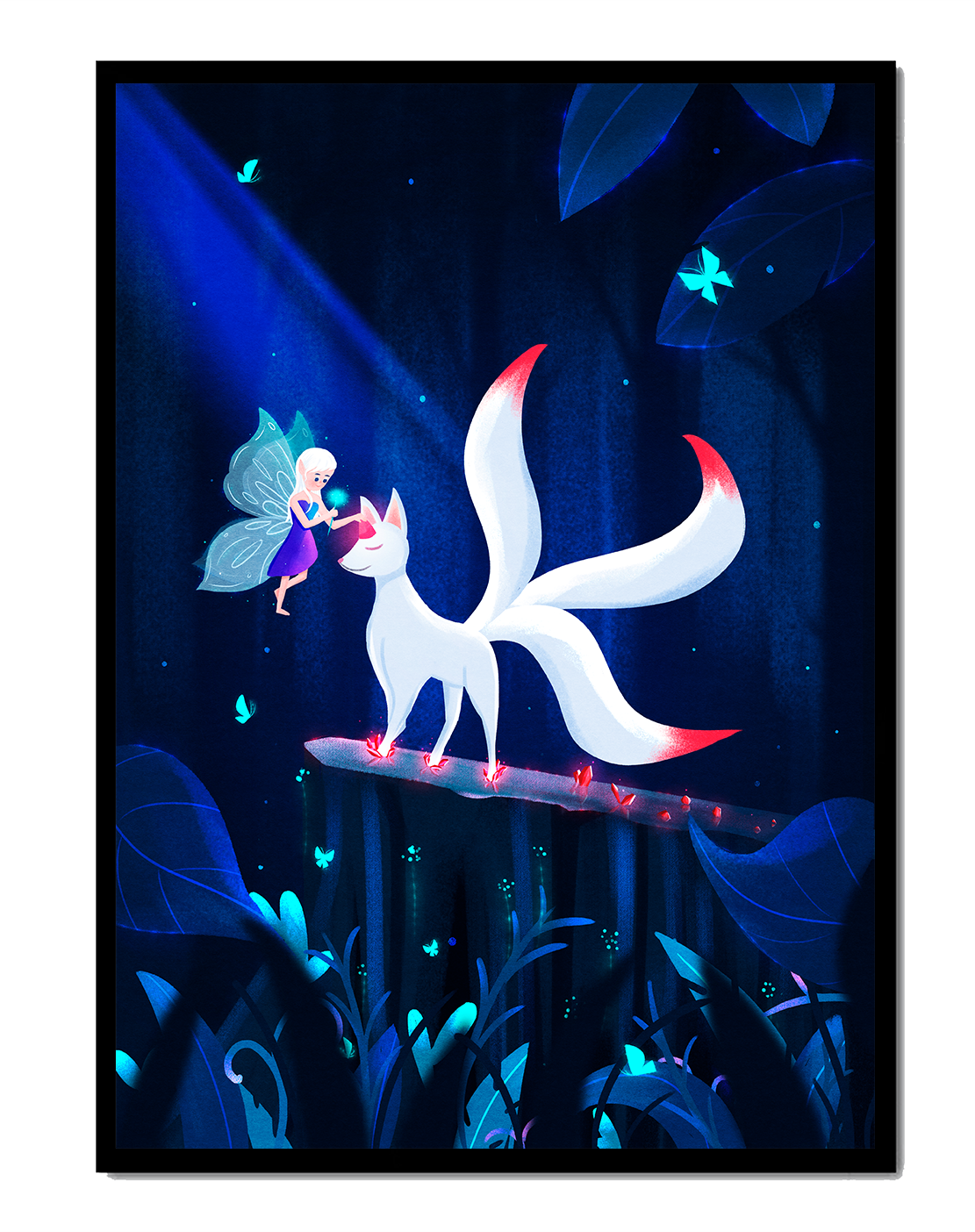 Enchanted forest with fairy and mystical creature under moonlit sky